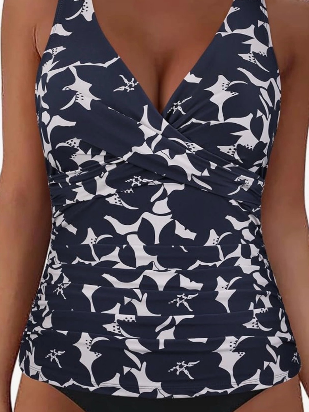 Floral Navy & White Swim Tankini Top with Crossover V-Neck & Support - Picture 3 of 3